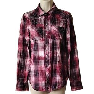 Affliction Cotton Button Down Shirt L Red Wine Black White